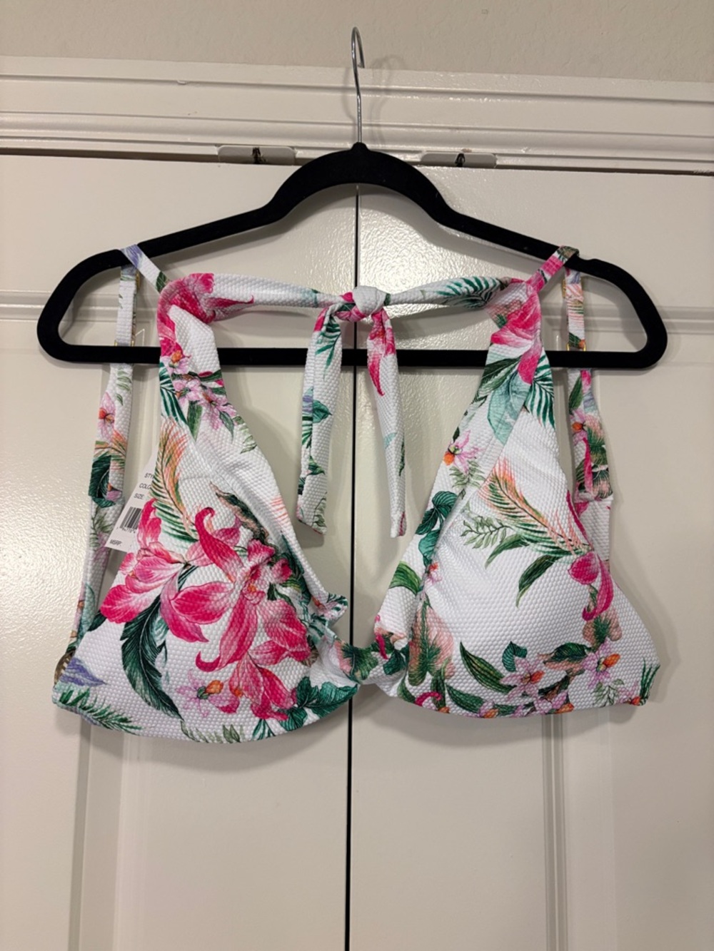 NWT La Blanca White Halter Bikini Top with Pink Floral & Green Leaf Print